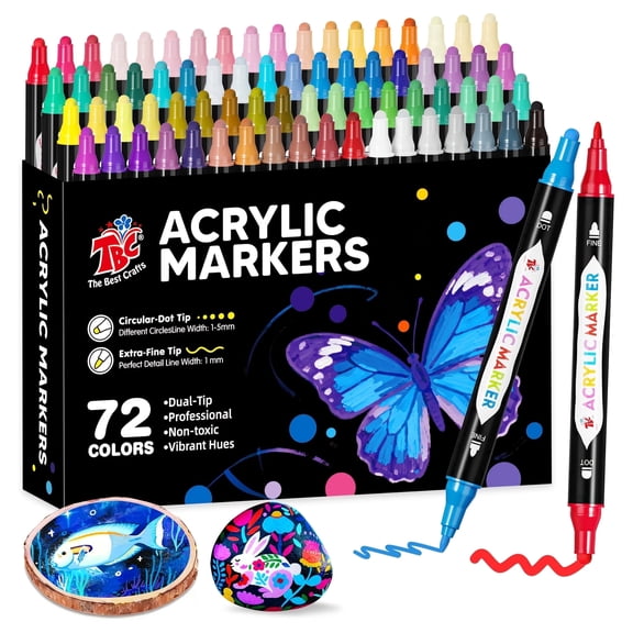 TBC The Best Crafts 72 Colors Dual Tip Acrylic Paint Markers, Fine Tip & Brush Tip, Non-Toxic Vibrant Ink for Paper, Stone, Wood, Fabric and Glass