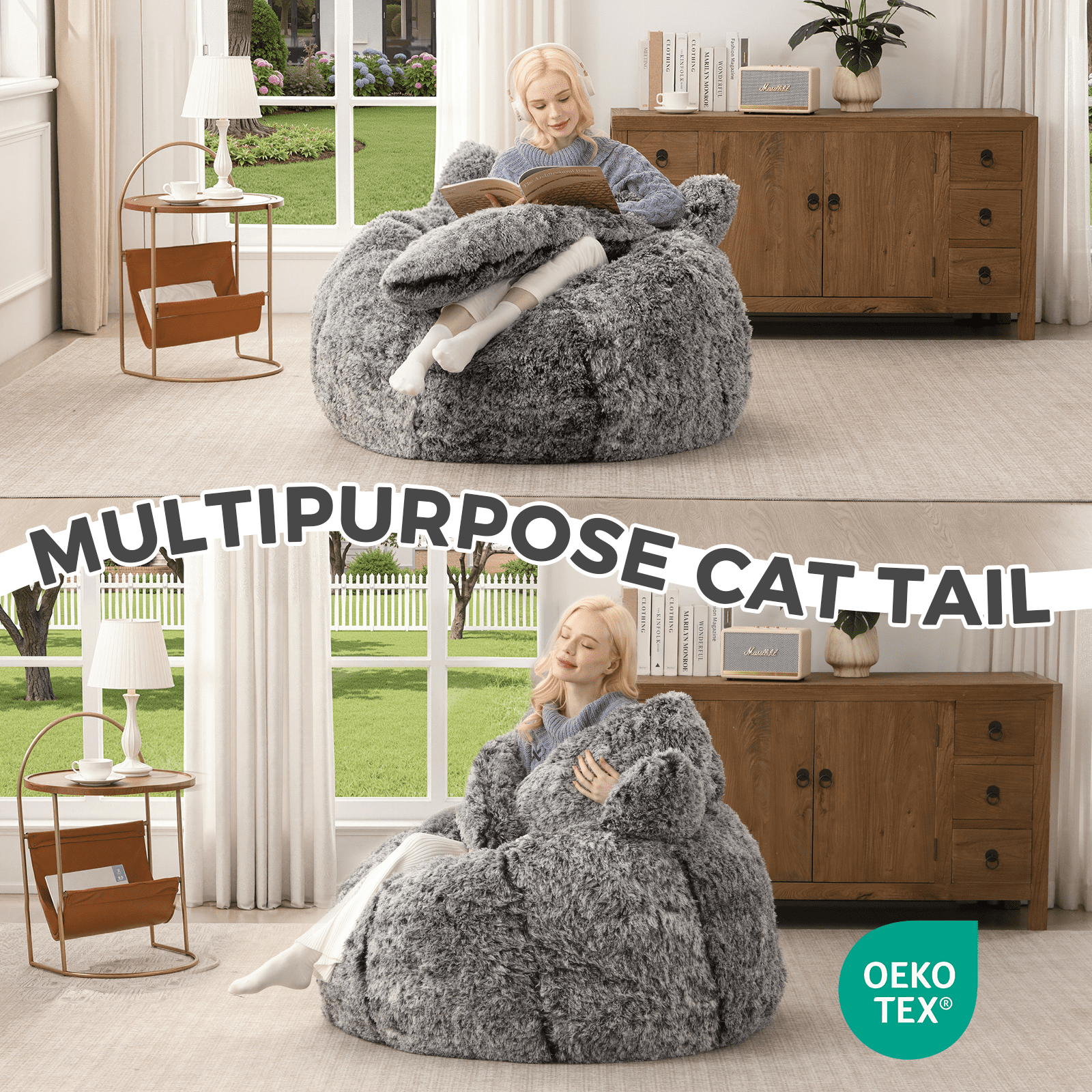 Ebenchico 3.6ft Cat Shaped Bean Bag Chair for Adults Teens Kids, Giant Faux Fur Plush Beanbag Chairs with Filler, Black