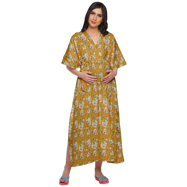 Moomaya Robe Kaftan d'Été pour Femmes en Coton à Boutons, Manches Kimono, Maternité