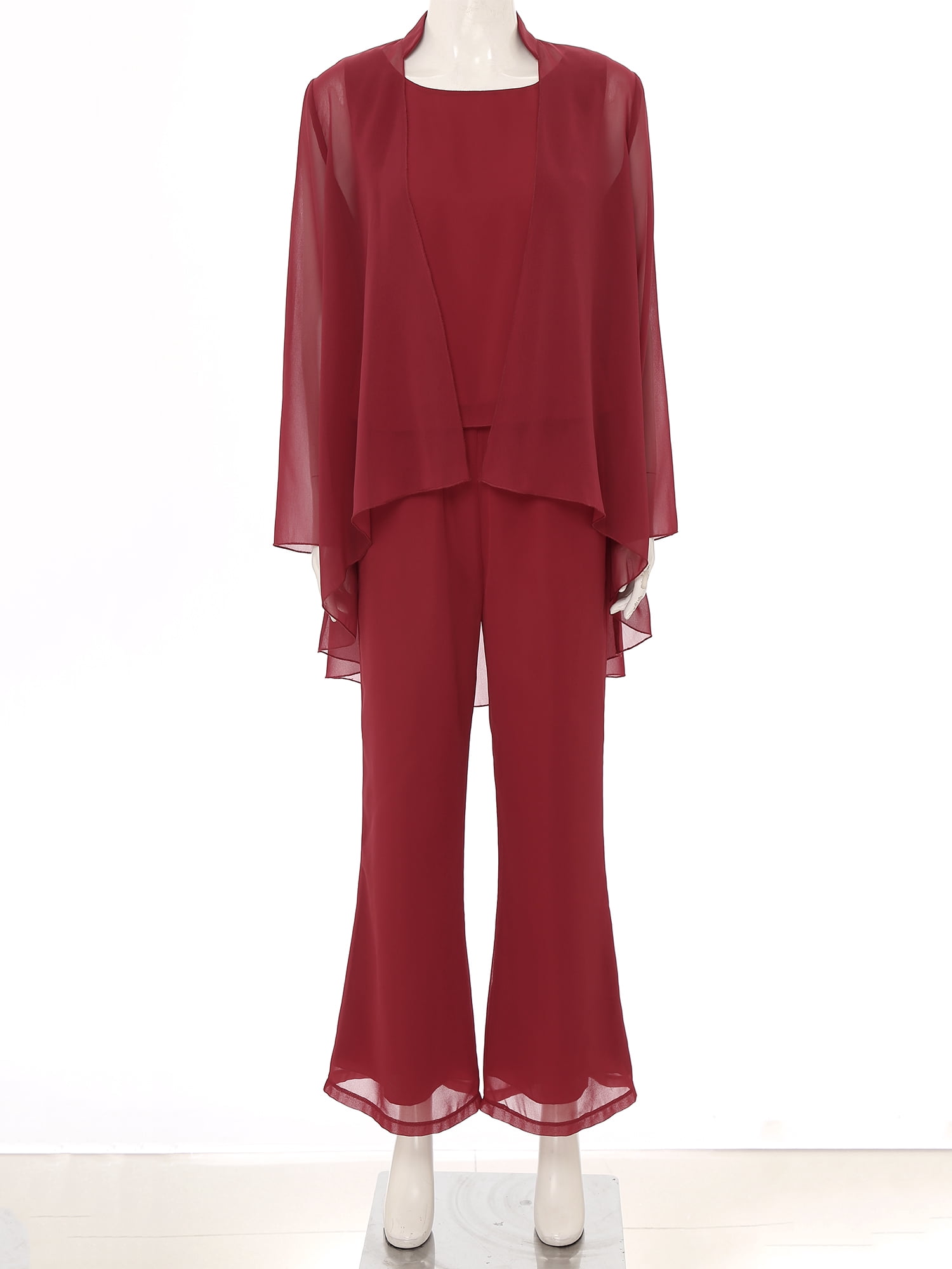 TiaoBug Women's Chiffon Pants Suits 3 Pieces Mother of The Bride Wedding Guest Party Formal Gown Burgundy 3XL