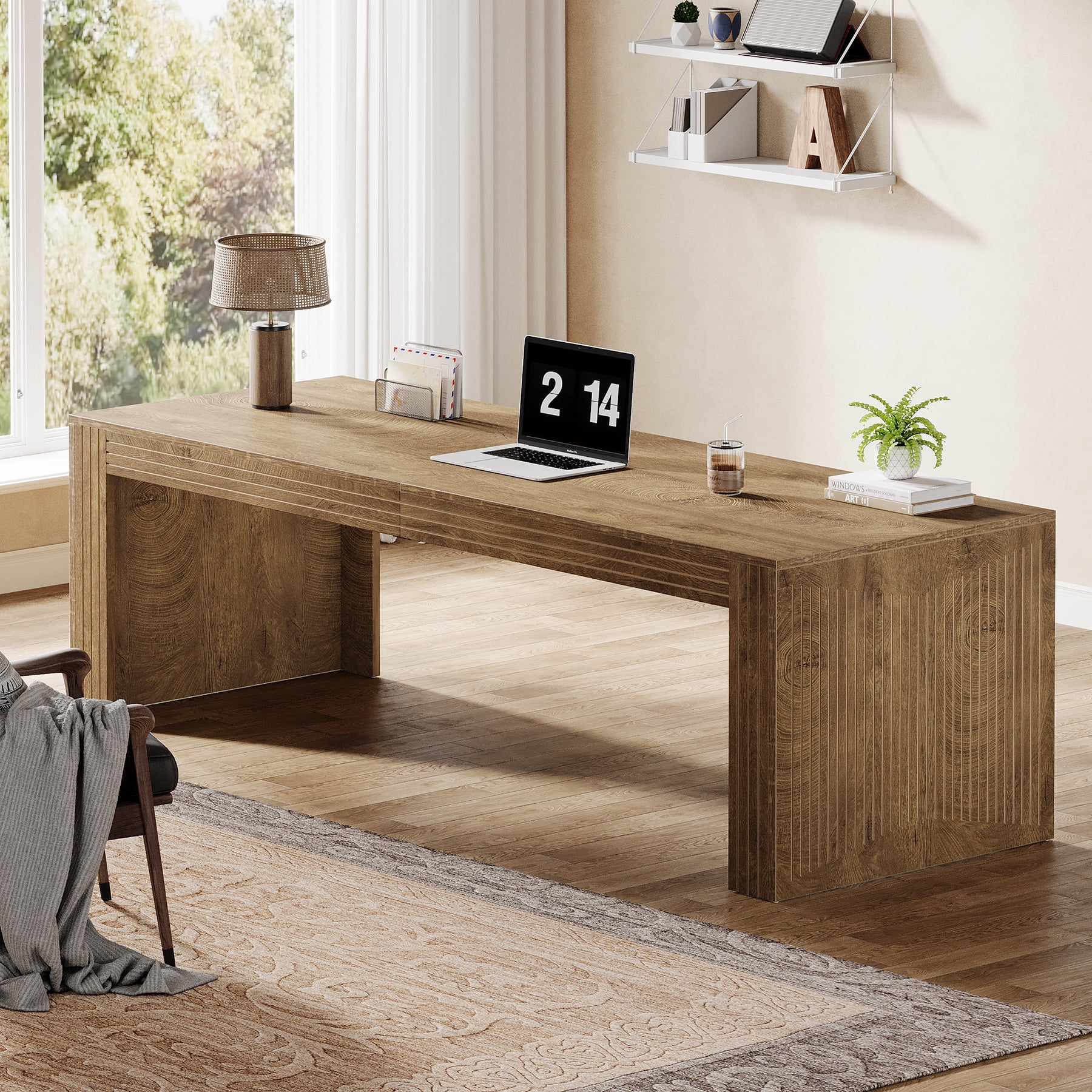 Tribesigns 79-inch Extra Long Desk, Two Person Desk for Home Office, Wooden Long Computer Double Desk, Writing Study Table for Office, Light Brown