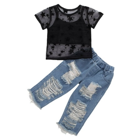 

Toddler Kids Clothing Baby Girls Vest Tank Top Ripped Denim Shorts Skirts Outfits Clothes Set