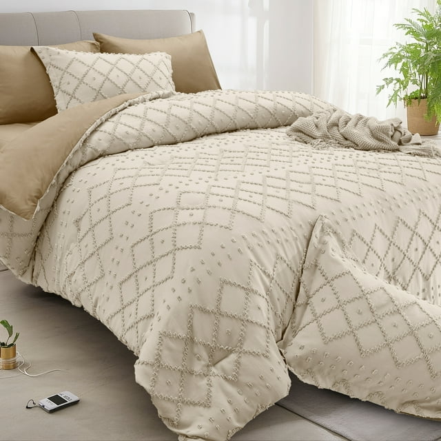 JUSTLET Ensemble de Literie Boho Tufté 7 Pcs, Beige Réversible avec Couette, Drap-Housse, Drap Plat, Taies d'Oreiller, Taies d'Oreiller