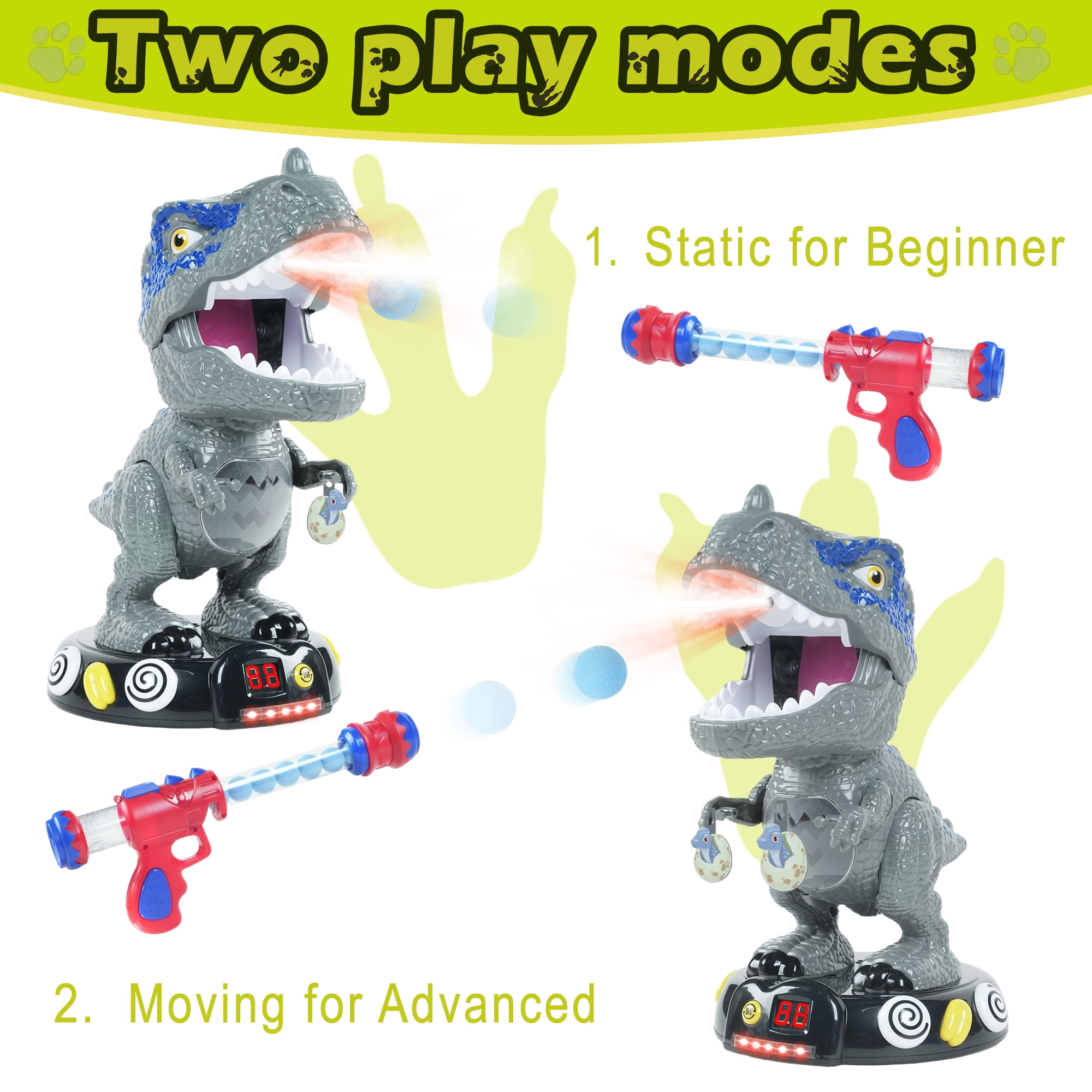 JUGAAD LIFE Dinosaur Shooting Toys for Kids, Movable Target Shooting Games with 2 Air Pump Blasters, 48 Foam Balls and LED Score, Birthday Gifts for 3 4 5 6 7 Years Old Boys - Gray