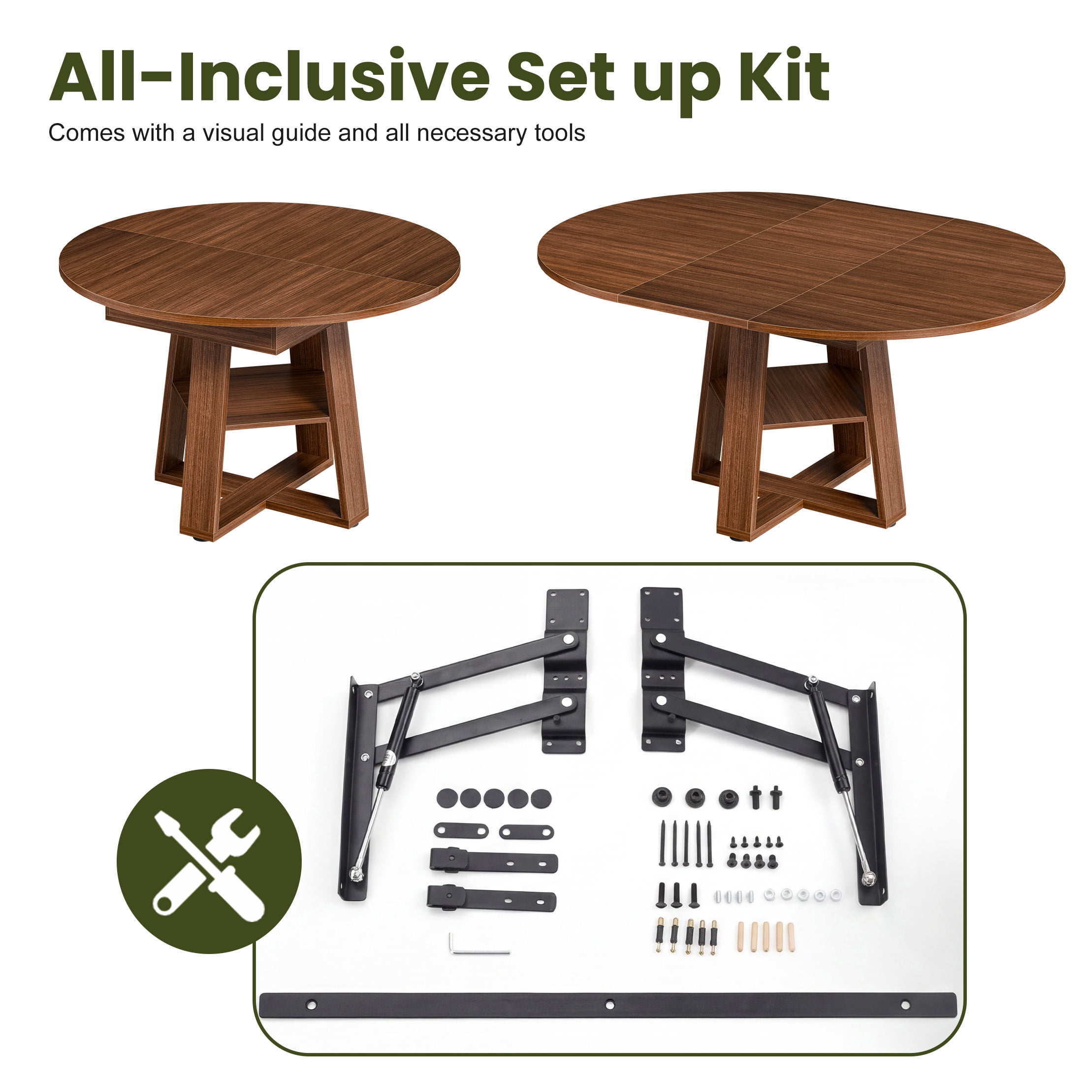 EDX 43.3″–59″ Extendable Round Dining Table for 4-8, Modern Oval Dining Table with Removable Leaves, Wooden Kitchen Table with Storage Shelf Base, Space Saving for Kitchen Living Room, Walnut