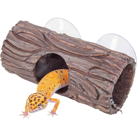 Reptile Hide, Resin Hollow Log Hideout with 2pcs Powerful Suction Cup, Reptile Tank Accessories Climbing Toys Terrarium Hideaway Caves Decor for Gecko, Lizard, Snakes, Hermit Crabs