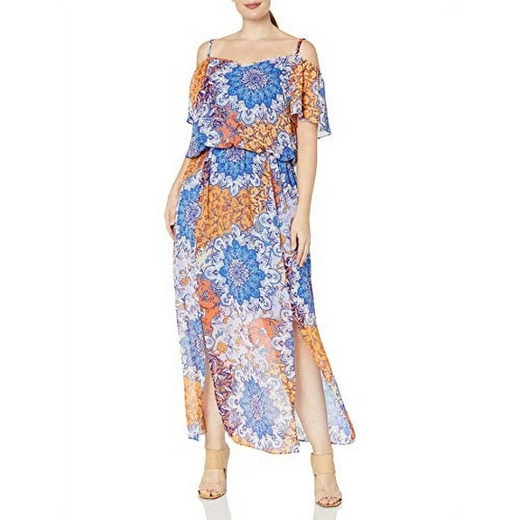 London Times Women's Cold Shoulder V Neck Chiffon Maxi Dress, Blue/Orange, 6