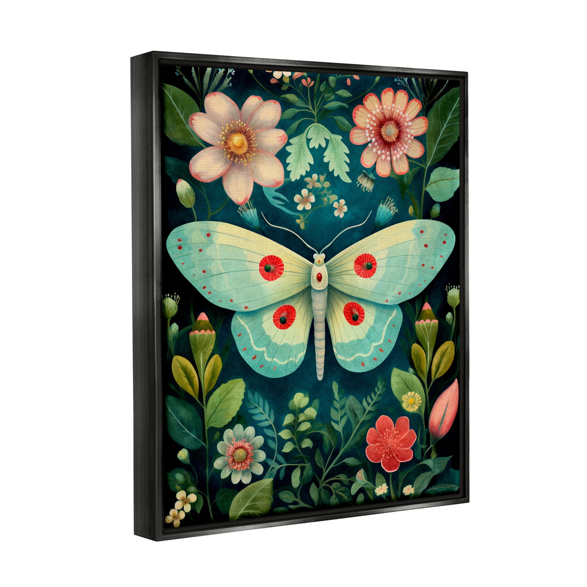 Stupell Industries Green & Pink Moth Pattern Animals & Insects Painting Black Floater Framed Canvas Art Print Wall Art, 17 x 21