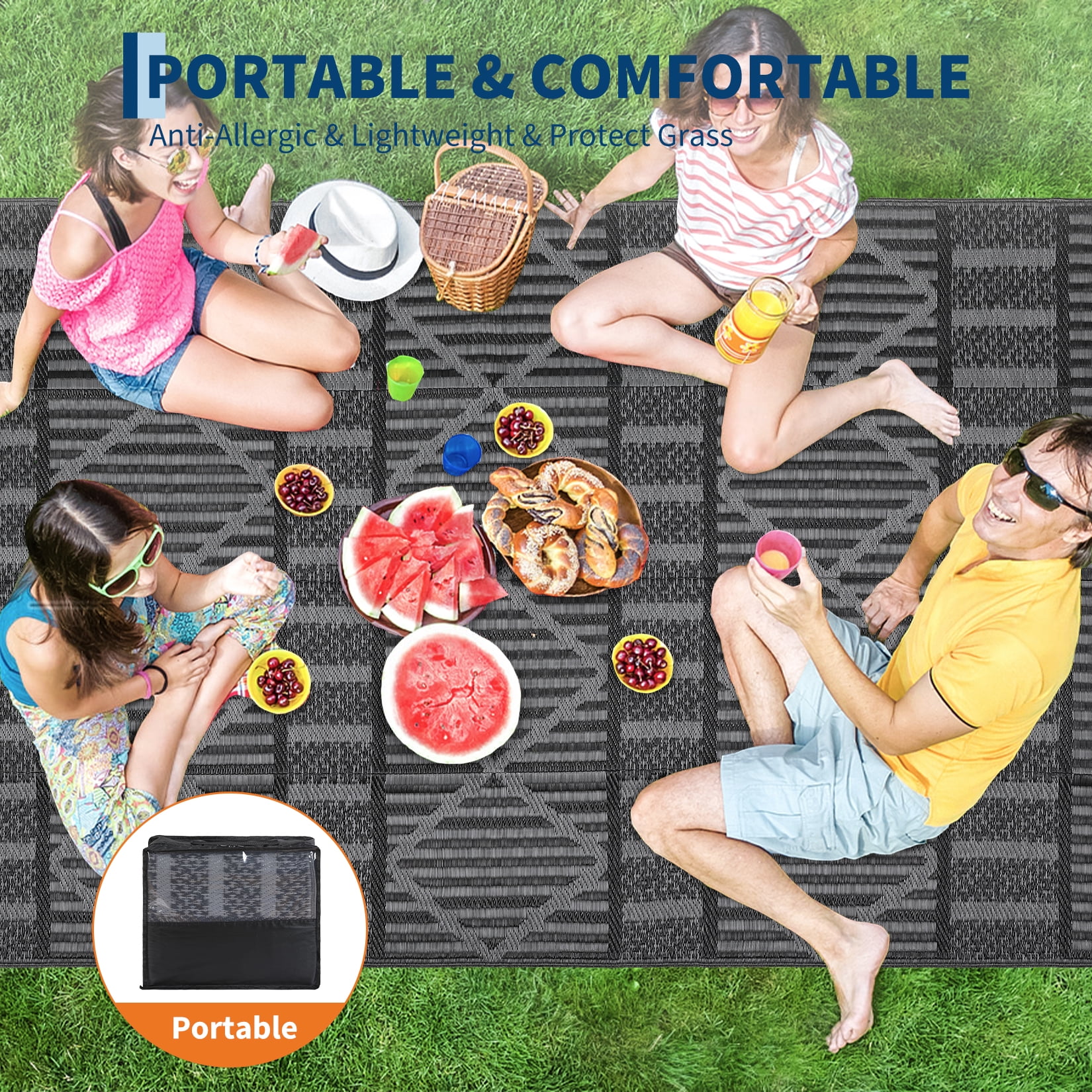 Garvee 9'x18' Outdoor Rug Waterproof Outdoor Patio Rug Mat, Reverisble Plastic Straw Outdoor Rug for RV Camping Picnic Beach Balcony, Black and Gray