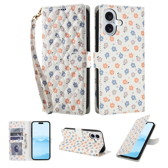 Compatible for iPhone 16 Wallet Case with Wrist Strap, Women Girls Flower Pattern PU Leather Shockproof Protective Folio Cover with Card Holder Kickstand for iPhone 16, Pattern-B