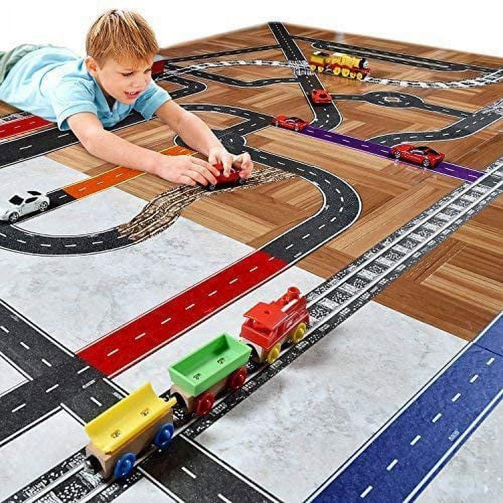 PlayTape Black Road Tape ― Includes Street Curves, Tape Toy Car Track for  Kids, Sticker Roll for Cars and Train Sets, 1 Roll of 30 ft x 4 Inch Road +  12 Curves 
