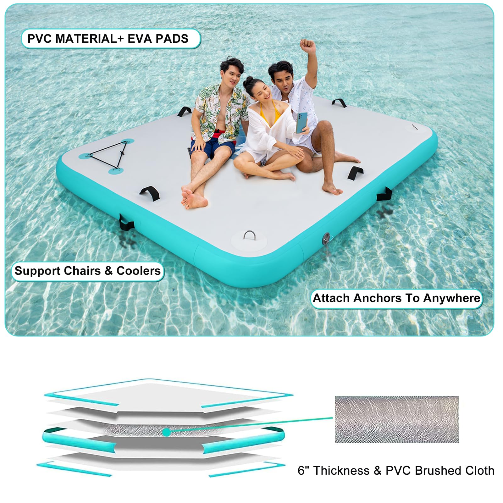 PPXIA Inflatable Floating Dock Mat - 8ft × 5ft Water Platform for Lakes, River, Pool, Ocean - Includes Air Pump
