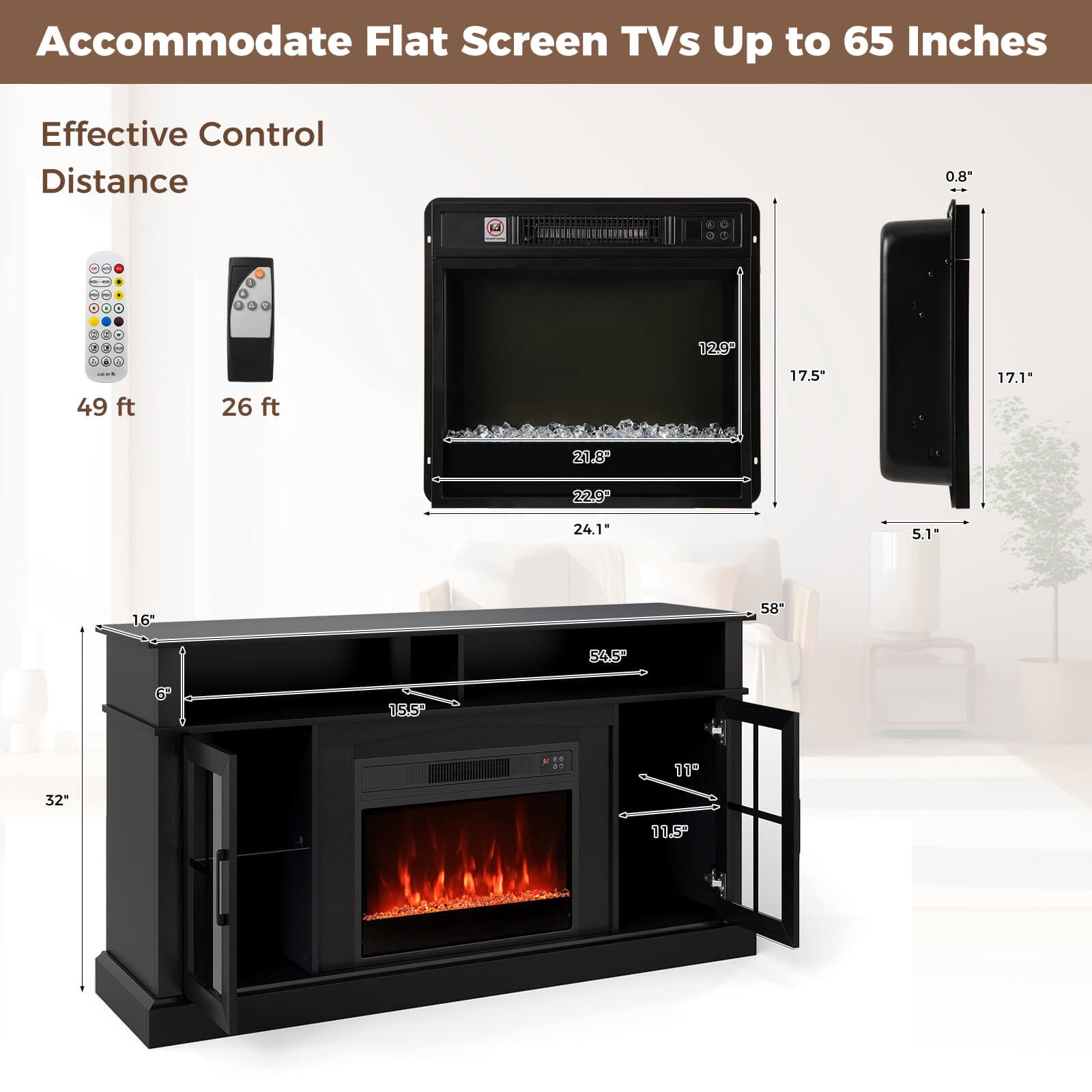 Costway 58" Fireplace TV Stand with LED Lights Entertainment Center for 65 Inch TV Black