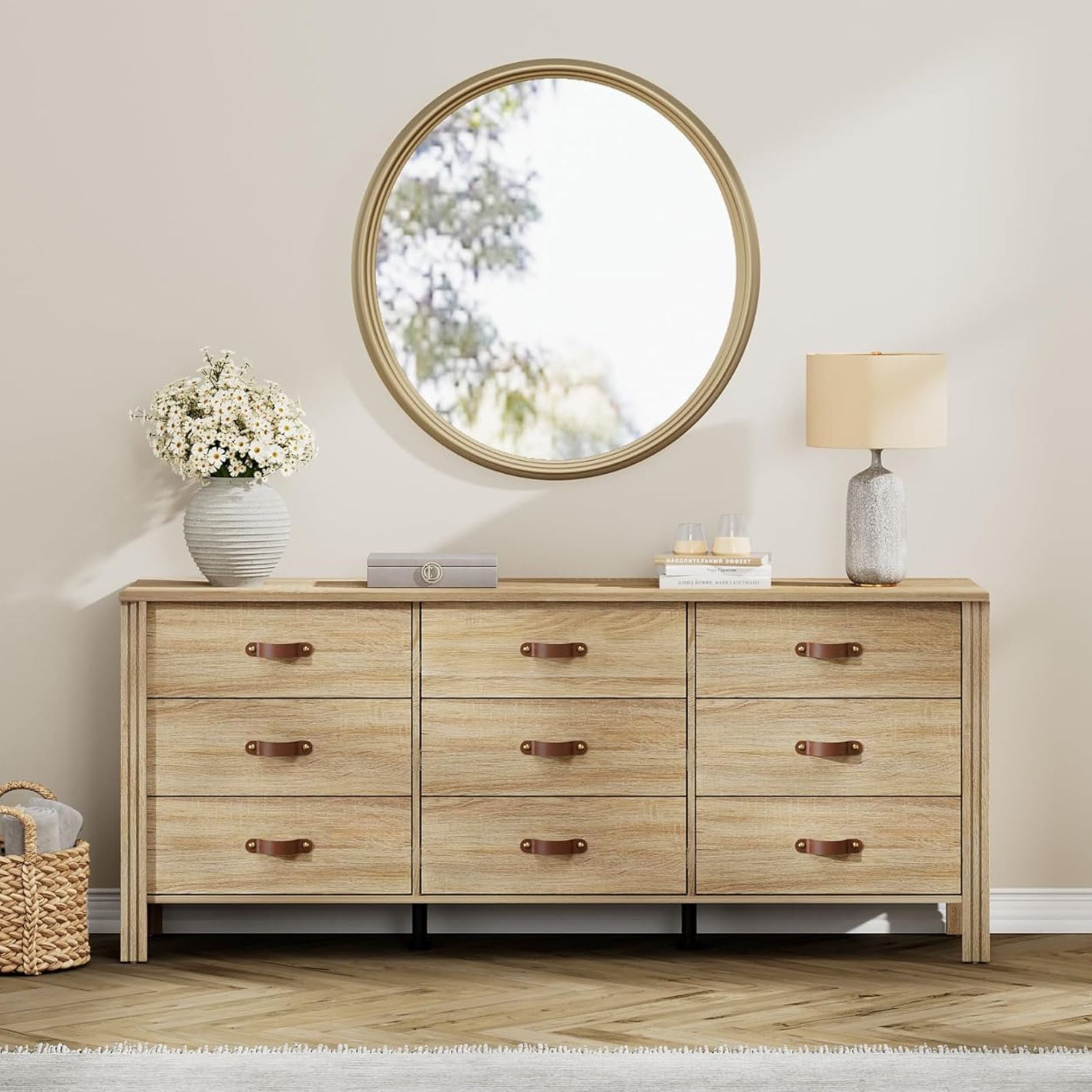 WAMPAT 62" Dresser with 9 Drawers, Farmhouse Dresser with Wide Chest of Drawers for Living Room, Hallway, Nursery, Light Oak