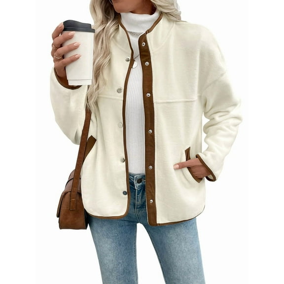 Female Fuzzy Fleece Jacket Button Down -Coats Casual Winter Warm Outwear with Pockets Apricot Color XL