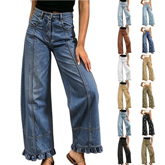 FchengtaiS Barrel Jeans Womens Wide Leg & High Waisted Denim Pants Vintage Casual Loose Ruffle Hem Jeans with Pockets