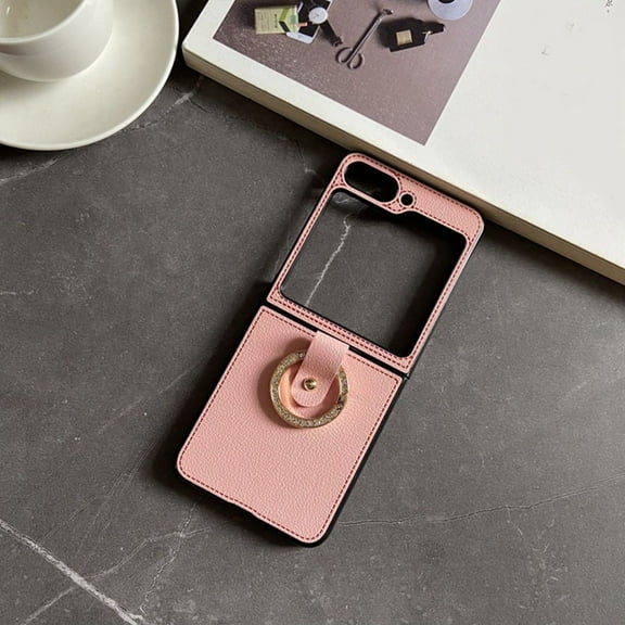 Compatible with Samsung Galaxy Z Flip 5 Case Ring Leather Shockproof Business Case for Men Women-Pink