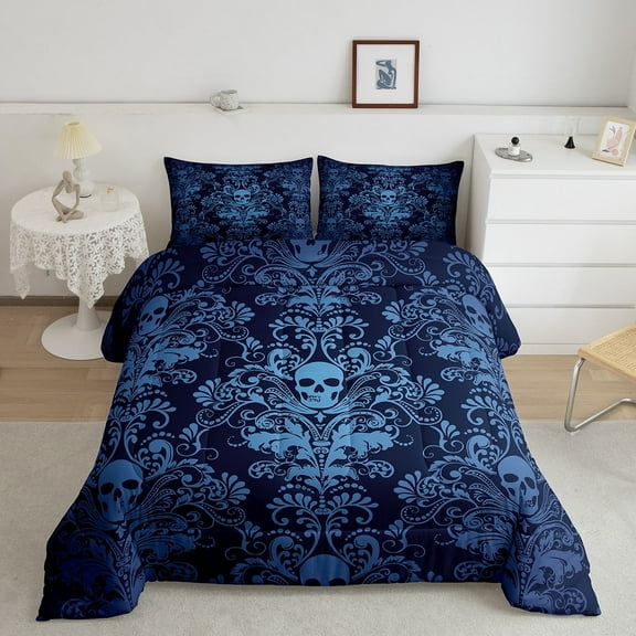 Adults Teal Damask Bedding Set Antique Victorian Baroque Comforter Set King Size,Gothic Vintage Floral Quilt Exotic Sugar Skull Duvet Insert,Gothic Bone Skeleton Bohemian Decor,Blue