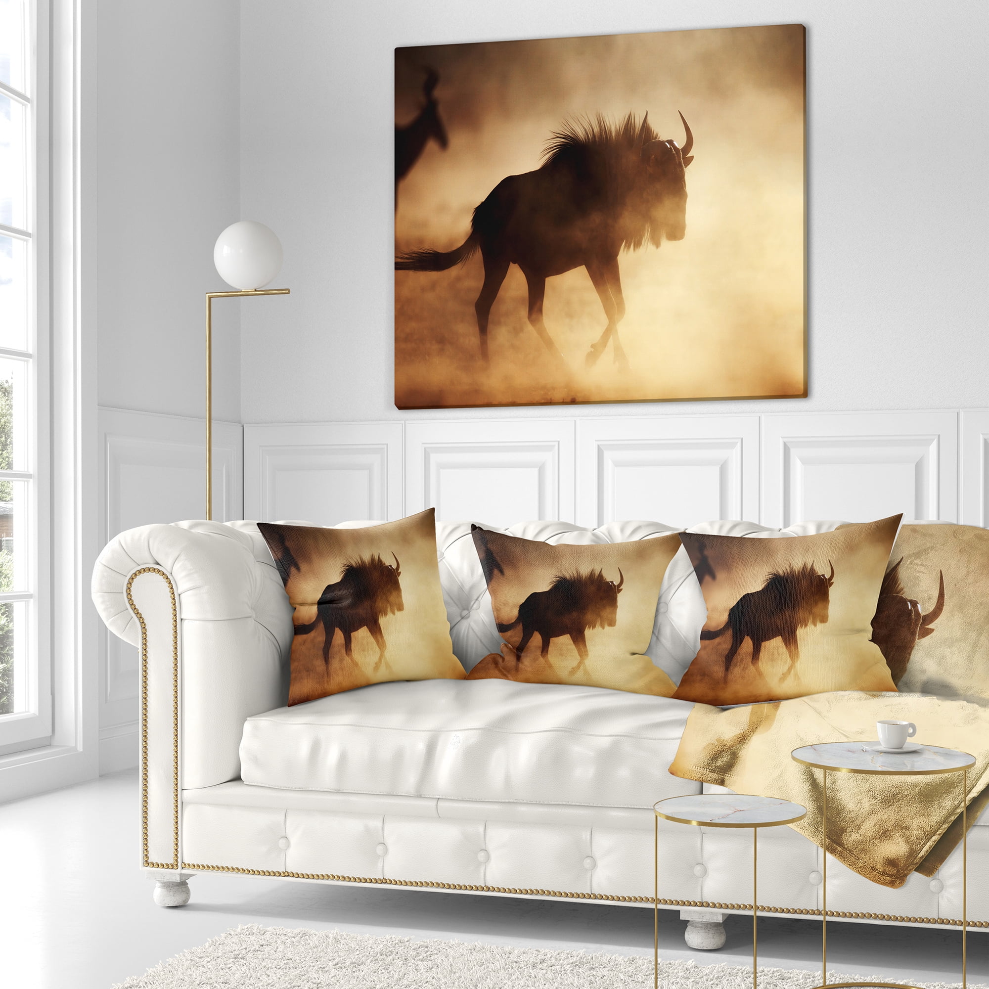 Designart Blue Wildebeest Running in Dust - African Throw Pillow - 18x18