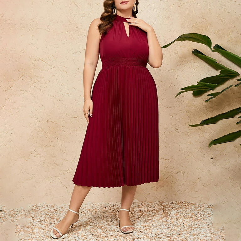 knee length dresses for ladies Red Pleated Halter Midi Dress - All Dresses