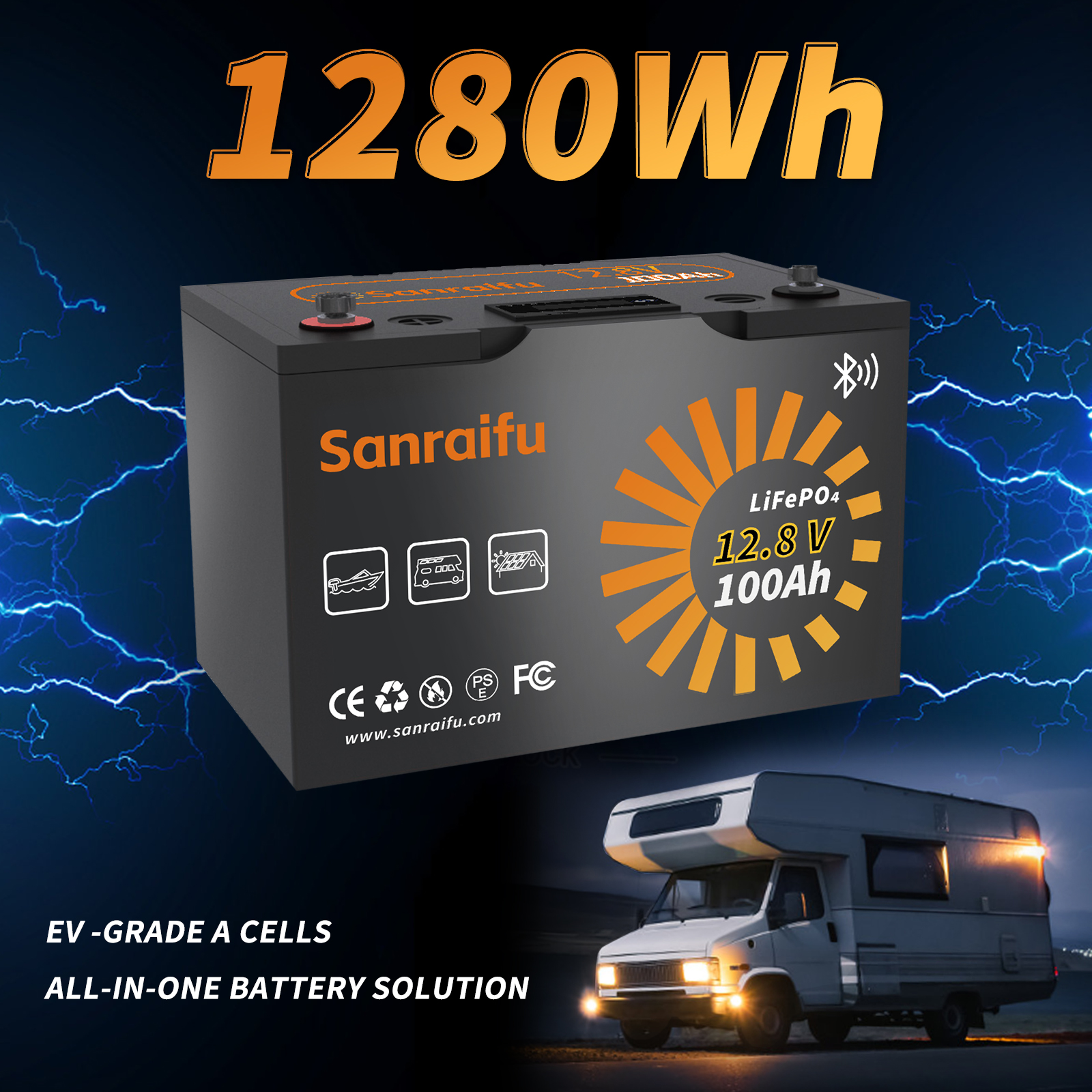 Sanraifu 12V 100AH LiFePO4 Battery, Bluetooth, LCD Display, RV, Boat, Camper, Off-Grid System