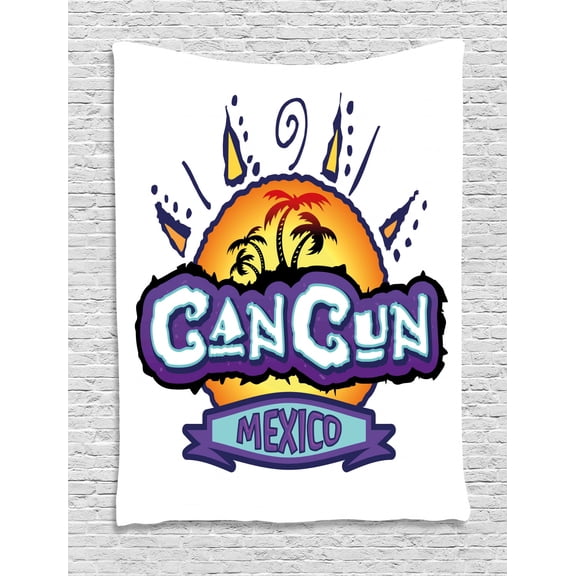 Cancun Tapestry, Cancun Mexico Funky Calligraphy with Palm Trees and Sun on the Background, Wall Hanging for Bedroom Living Room Dorm Decor, 40W X 60L Inches, Multicolor, by Ambesonne