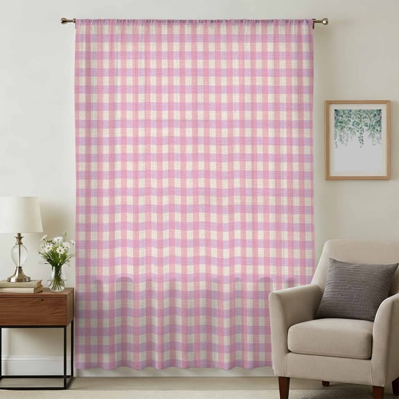 Pink Sheer Curtains 63 Inches Long, Grid Checkered Plaid Gingham Lattice Trellis Light Filering Curtains, Breathable Simi Curtain Privacy Drapes for Living Room Bedroom Lightweight Window Treatment