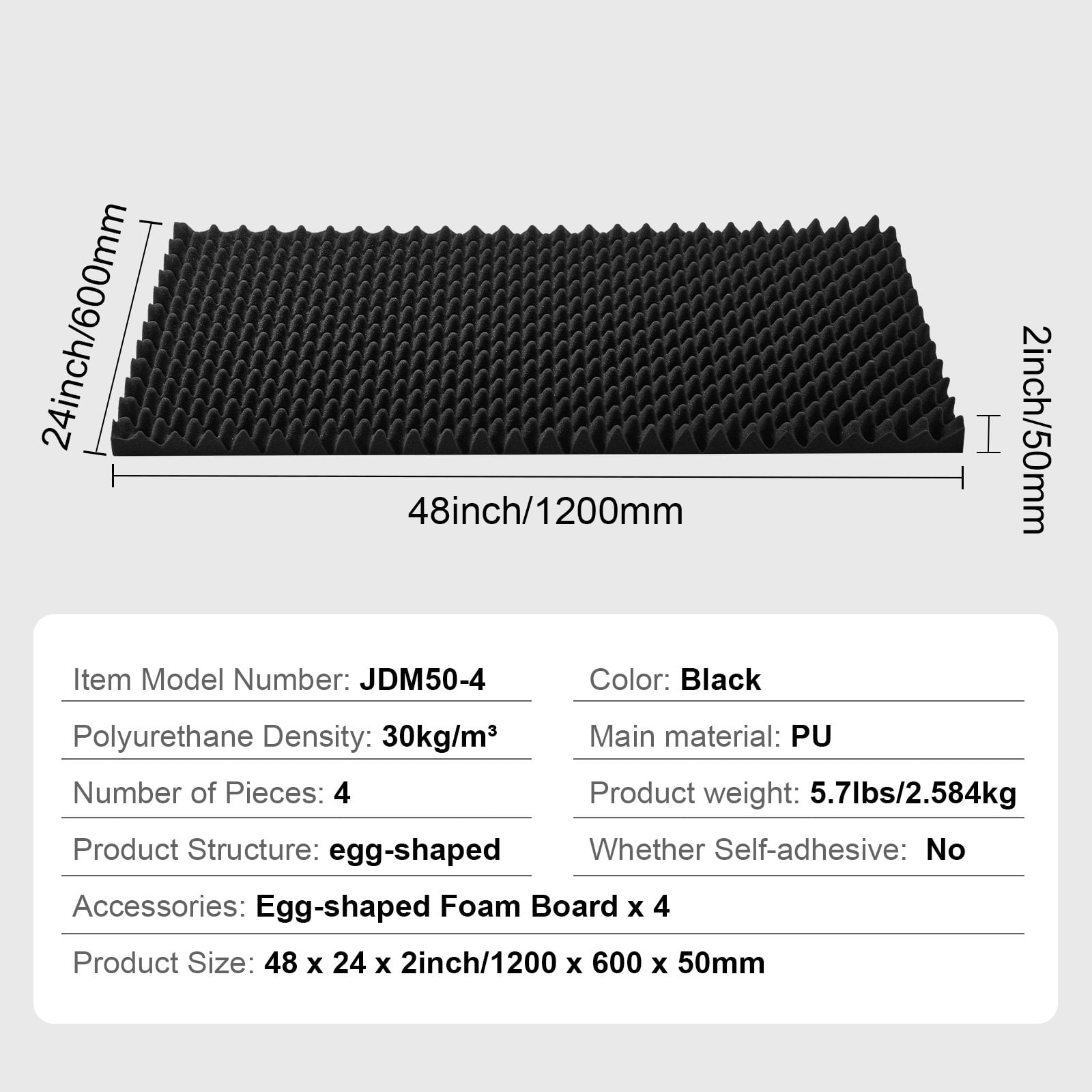 KFFKFF Acoustic Foam Panels, 4-Pack 48 x 24 x 2 Inches, Egg-Crate Design Soundproof Wall Panels,  Sound Absorbing Panels for Studio Walls and Ceilings, Black