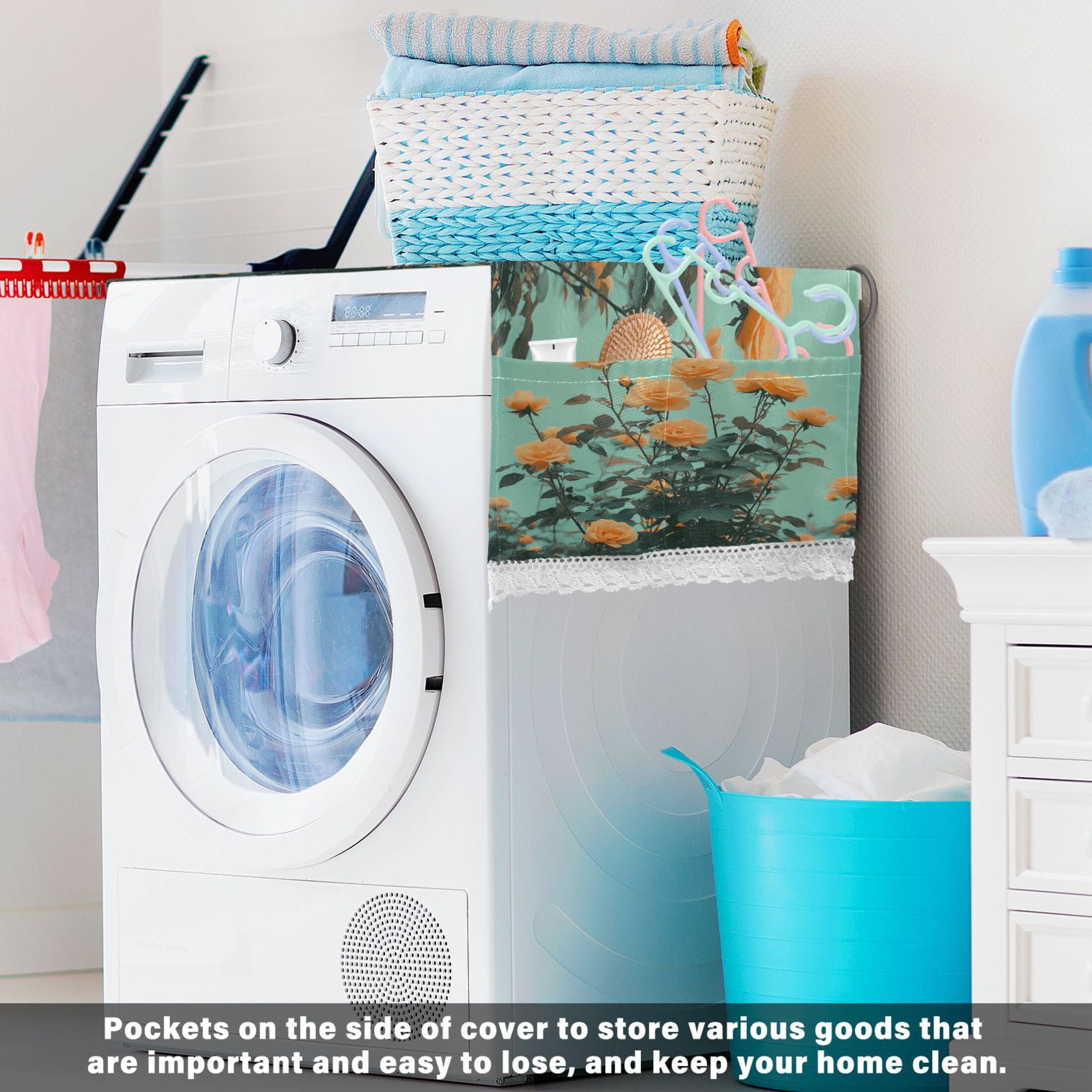 Orange RosesWasher and Dryer Covers Dust-Proof and Oil Resistant Fridge Cover with 4 Storage Pockets Washing Machine Top Cover for Laundry Kitchen Home 51.2 x 22 In