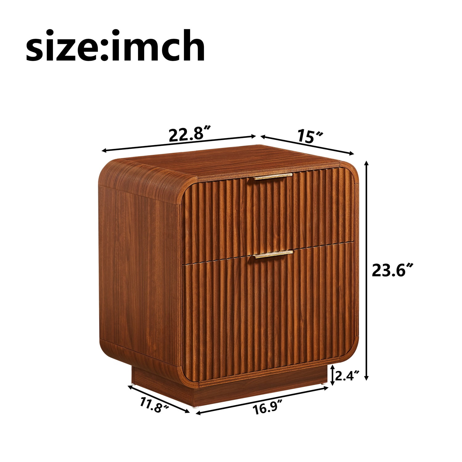 Hommoo Modern Nightstand with 2 Soft-Close Drawers, Fluted Panel Design & Gold L-Shape Handles, Bedside Table for Bedroom, Living Room or Entryway, Walnut