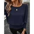 thumbnail image 6 of Otntypg Banded Bottom Tops for Women Smocked Tops Elastic Cinched Waist Tunic Top Elegant Dressy Blouse 3/4 Length Sleeve Casual Outfits Dark Blue M, 6 of 7