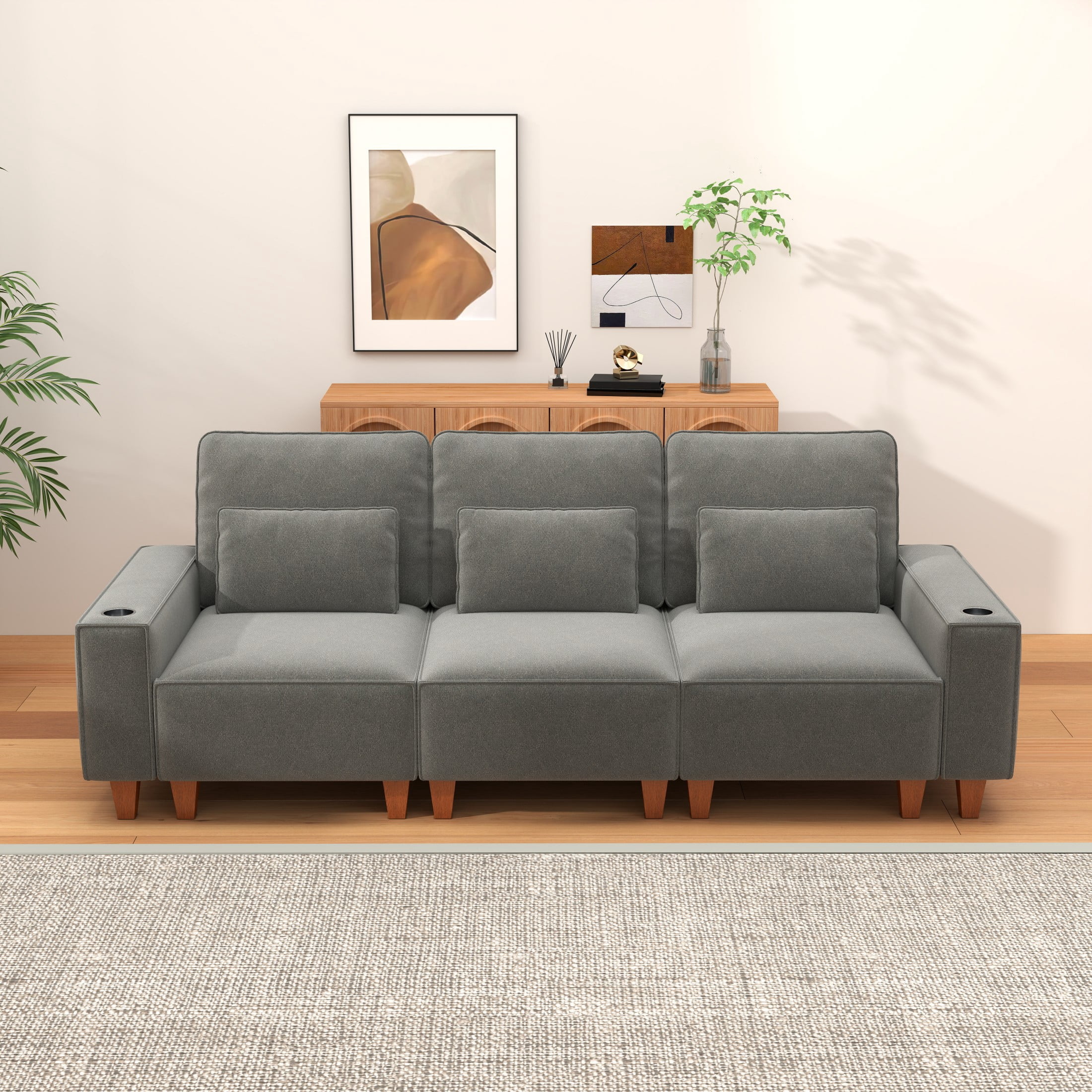 BSHTI Chenille Deep Seat 3-Seater Sofa with Brushed Stainless Steel Cup Holders and 3 Decorative Pillows – Modern Comfortable Couch for Living Room