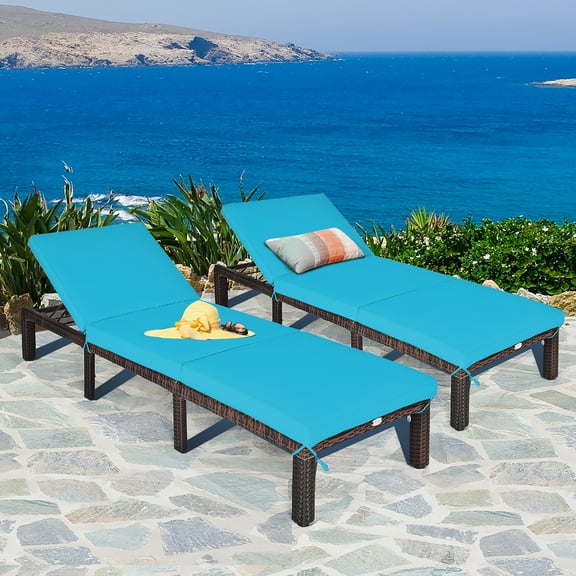 Costway 2PCS Outdoor Rattan Lounge Chair Chaise Recliner Adjustable Cushioned Turquoise