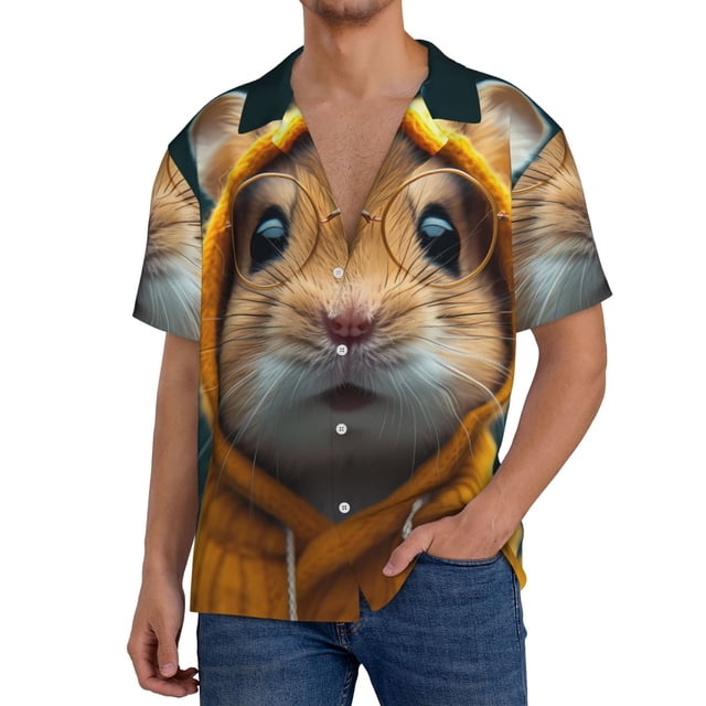 Balery Modern Yellow Sweater Guinea Pig Camisa Casual de Manga Corta con Botones para Hombre, Texturizada, Estilo Cubano, para Playa, Verano-Large