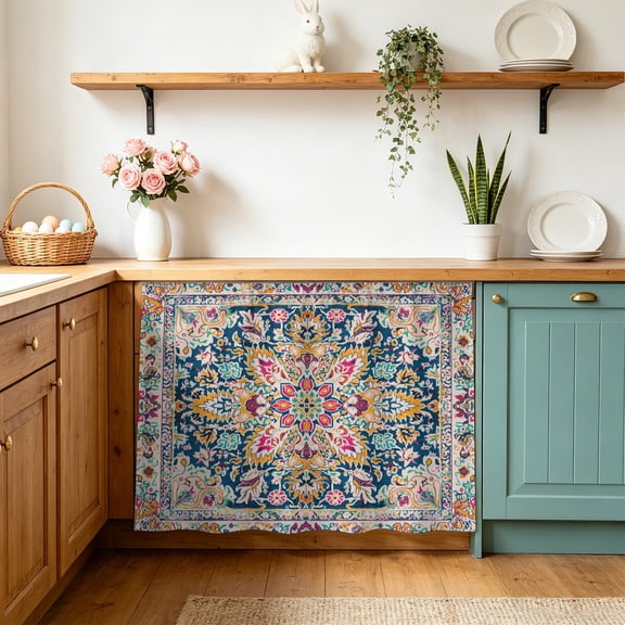 Colorful Boho Sink Skirt 11"Wx13"L,Dustproof Under Sink Curtain with Self Adhesive Tape,Ethnic Vintage Mexican Flowers Southwestern Cabinet Curtain Cover for Bathroom Vanity,Kitchen Storage Shelf