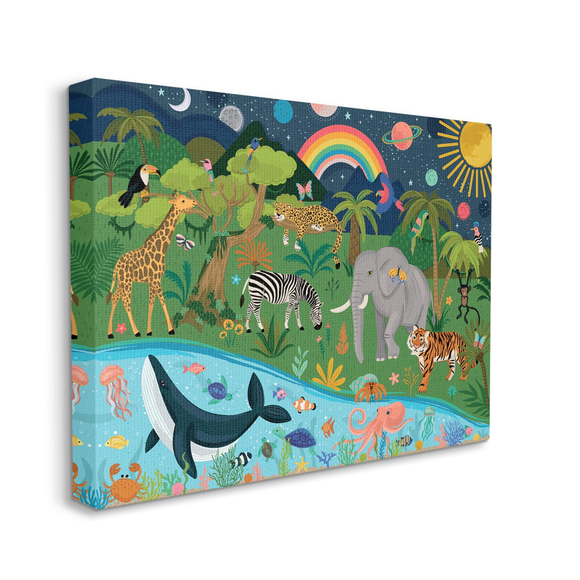 Stupell Industries Jungle Animals Sea Creatures Under Night Sky Planets Canvas Wall Art, 40 x 30, Design by Lisa Perry Whitebutton