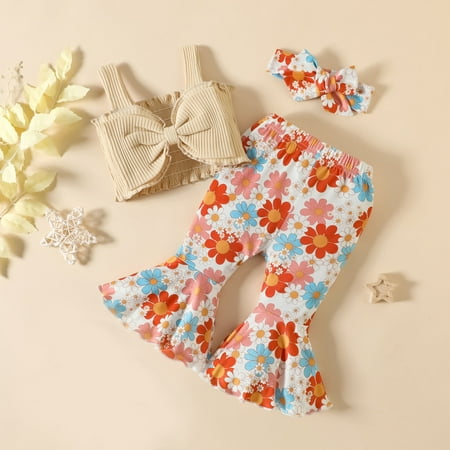 

Toddler Clothing Toddler Kids Baby Girls Fashion Cute Flower Print Ruffles Vest Flared Pants Hairband Suit