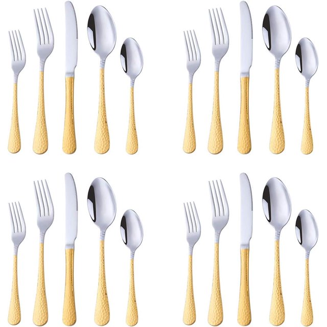 20-Piece Gold Plated Pattern Handle Flatware Set, Stainless Steel Cutlery with Knife/Fork/Spoon, Tableware Set Utensils for Home Kitchen Restaurant Party, Mirror Polished Dishwasher Safe