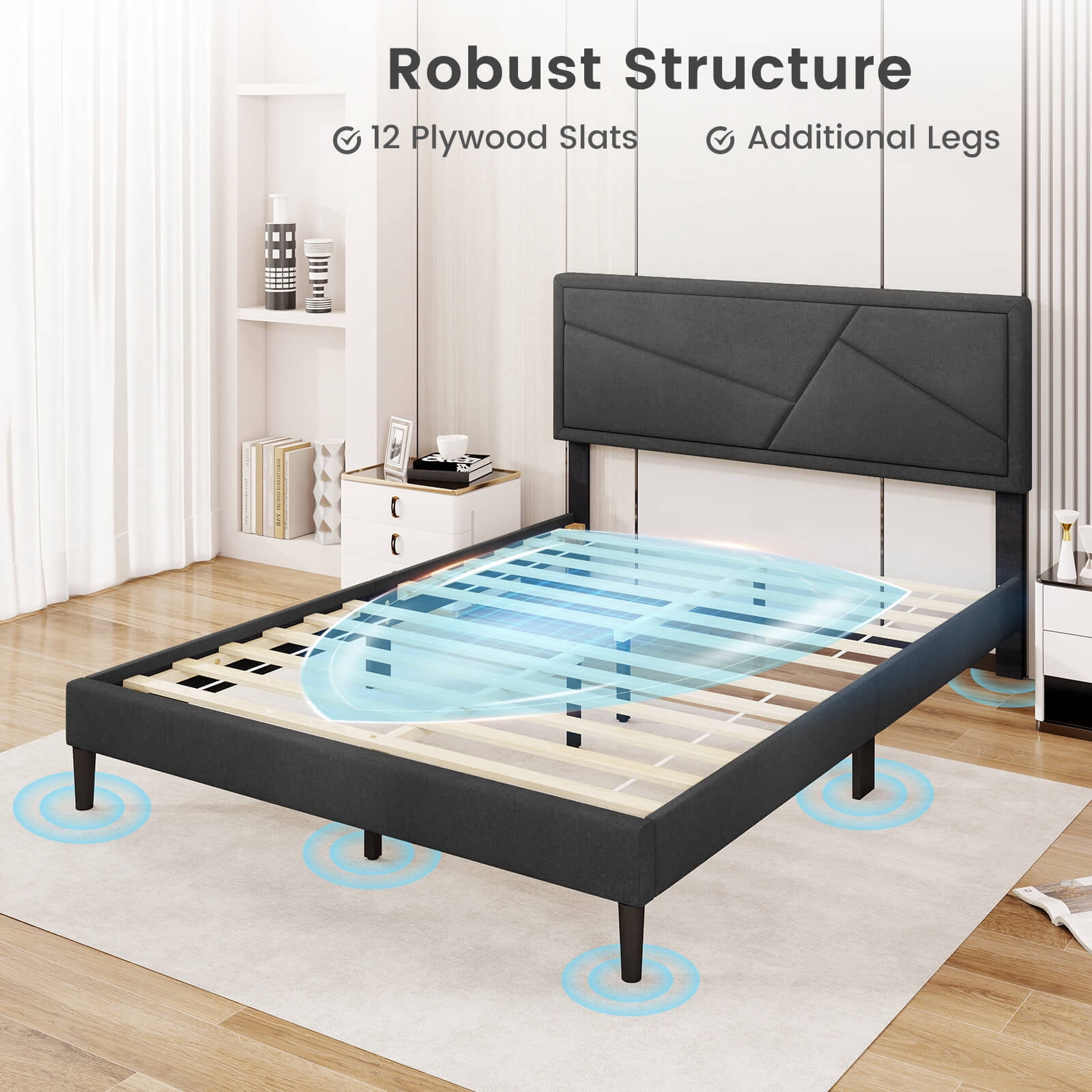 Infans Queen Size Bed Frame w/ High Headboard & Wooden Slats No Box Spring Needed
