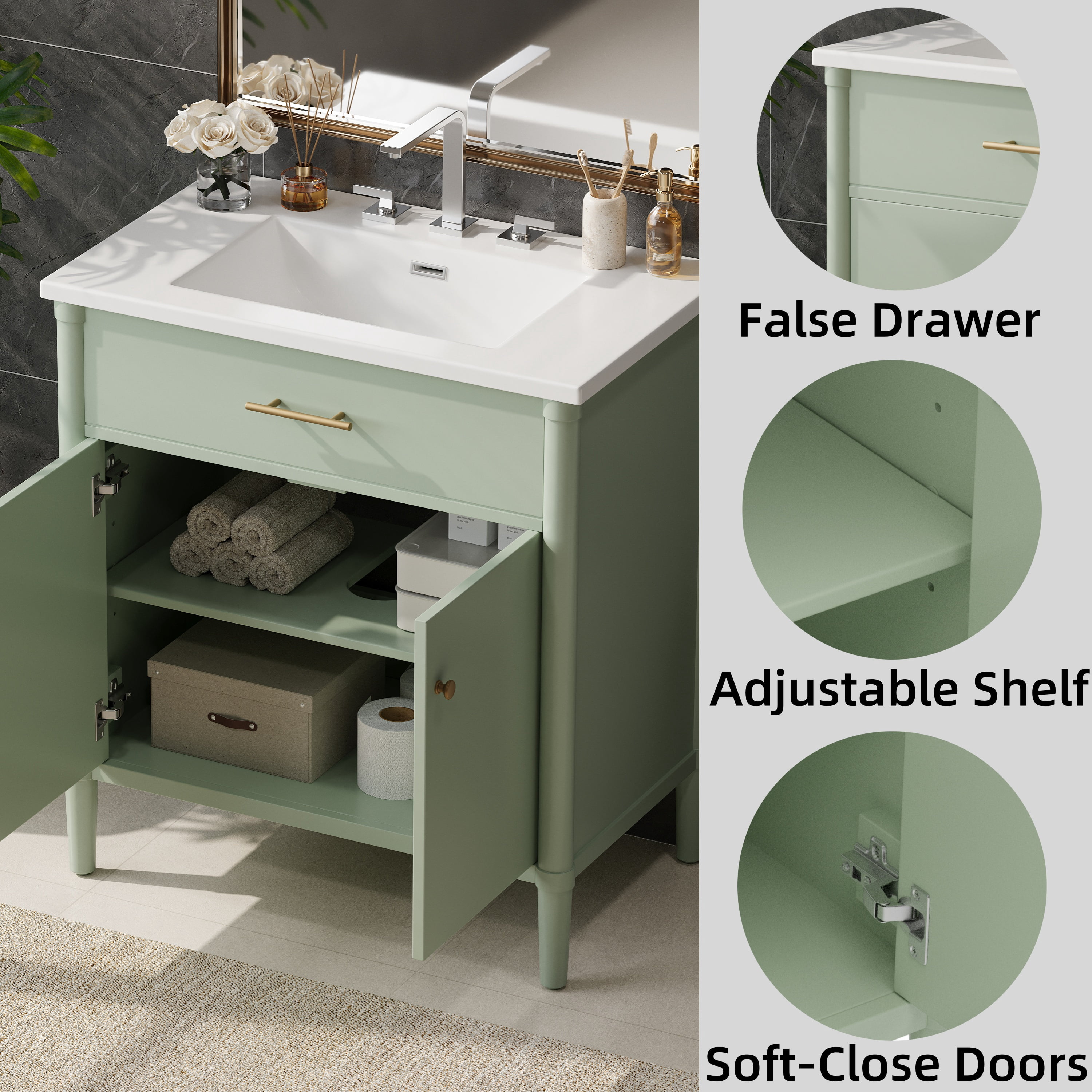 Euroco 31" Bathroom Vanity with Sink, Bathroom Cabinet with Soft Close Doors and Adjustable Shelf, Curved Profile Design, Rubber Wood Legs, Green