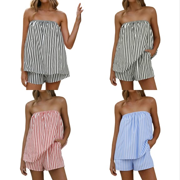 Arlun Women's 2 Piece Matching Sets Fashion Striped Sleeveless Strapless Tube Top and Loose Shorts Sets 2026 Summer Vacation Outfits Casual Loose Fit Stylish Y2k Going out Set 2-Light Blue XL