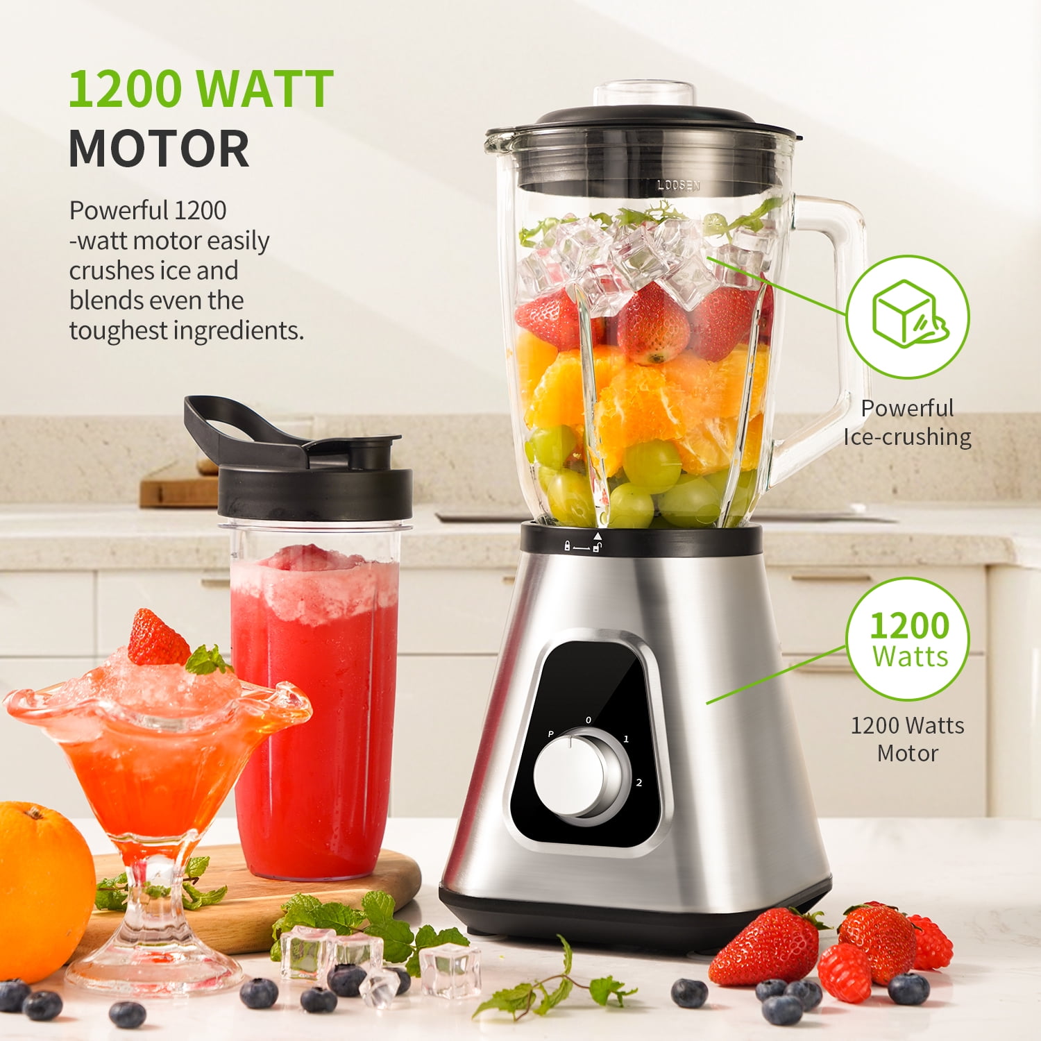 1200W Smoothie Blender, 52 Oz Countertop Blender for Shakes & 22 Oz Juicer Cup, 3 Adjustable Speed for Frozen Fruit Drinks, Smoothies, Sauces, Large Capacity