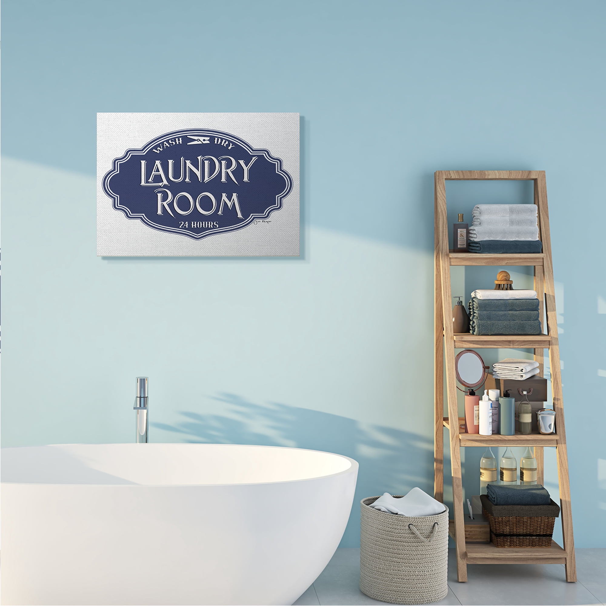 Stupell Industries Vintage Laundry Room Sign Minimal Blue White Typography Painting Gallery Wrapped Canvas Art Print Wall Art, 24 x 30
