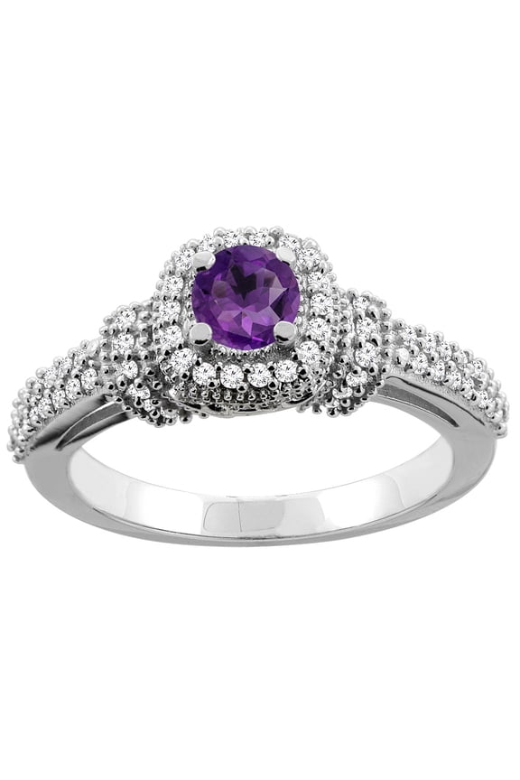 14K White Gold Natural Amethyst Engagement Halo Ring Round 5mm Diamond Accents, size 5