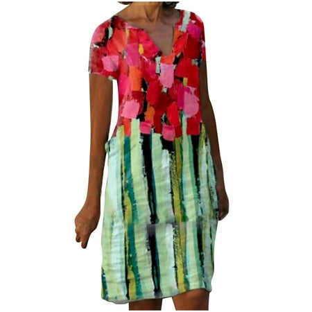 

Dresses for Women Wedding Dress Womens Short Sleeves Dresses Fashion Flowers Printed Waist Sundress V-Neck Knee-length Dress Summer Dresses for Women 2022 Valentines Dress Clearance Red 2XL