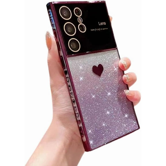 Compatible with Samsung Galaxy S24 Ultra 5G Plating Cute Heart Phone Case,Gradient Glitter Bling Clear Case Women Full Camera Lens Protection Soft Shockproof Bumper Cover (Dark Purple)