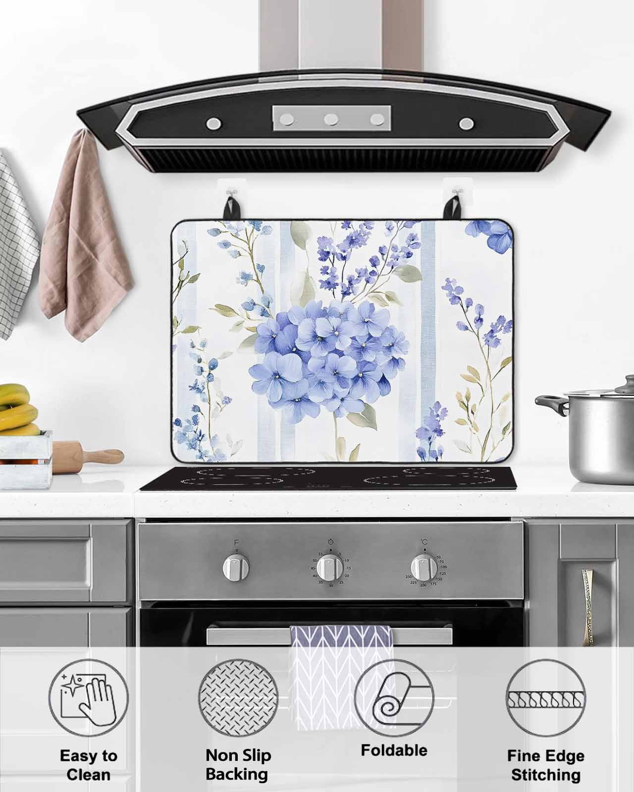 nqOlkjepod Large Induction Cooktop Protector Mat 24"x21", Purple Hydrangea Stove Top Covers for Electric Stove, Stripe Botanical Vintage Decorative Stove Burner Cover Mats, Glass Top Stove Cover