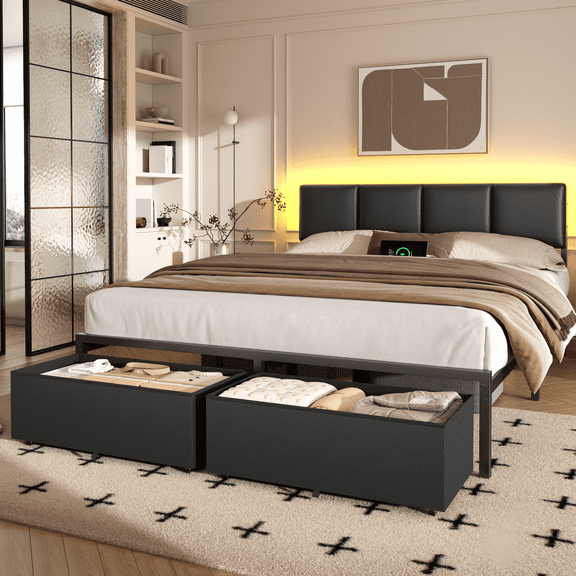 Satifur Queen Bed Frame with LED Charging Station & 2 Drawers, Sturdy Metal Legs, Noise Free, Black leather