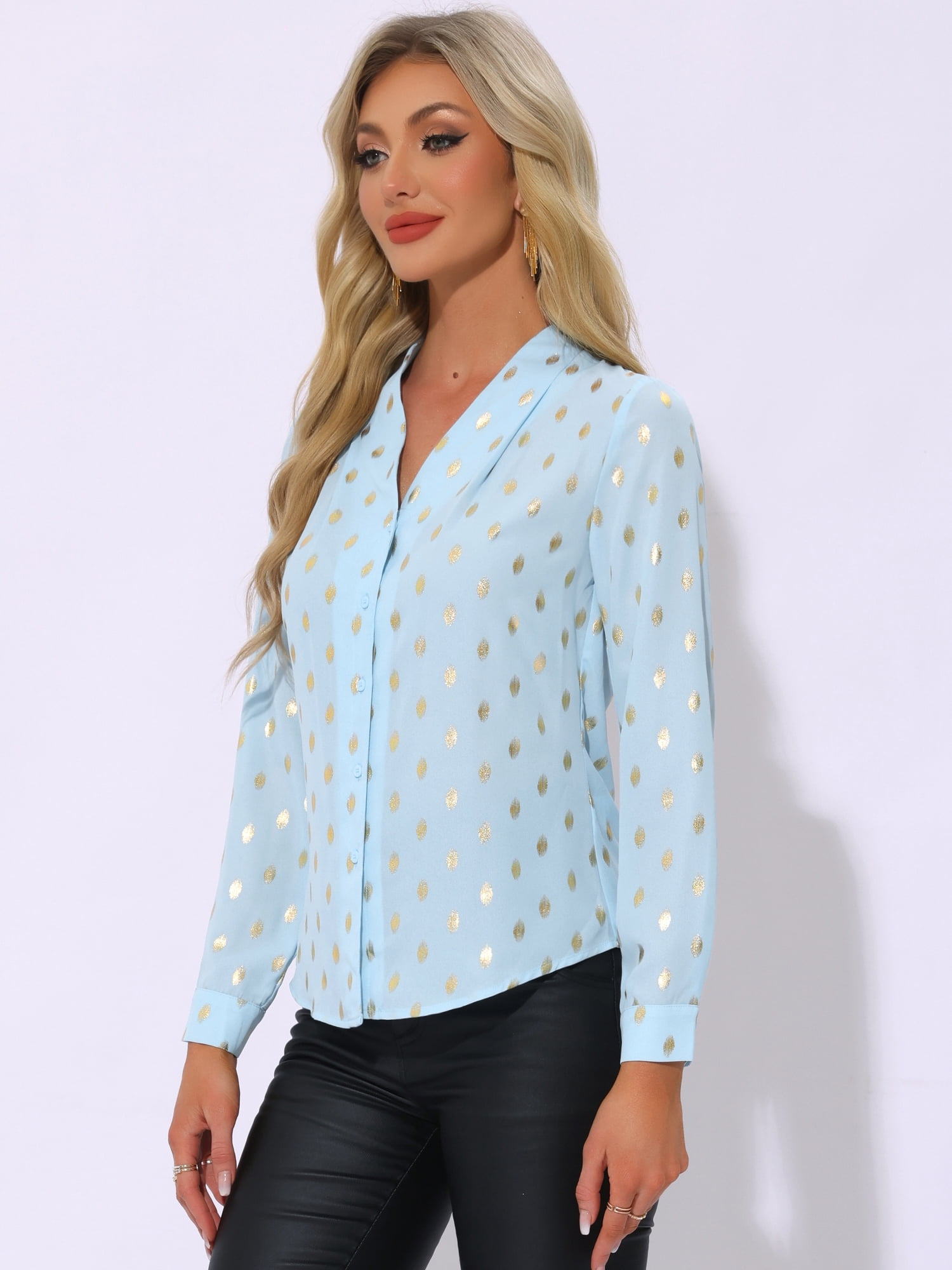 DARING DIVA Stand Collar Metallic Dots Stars Blouses Tops XL Sky Blue