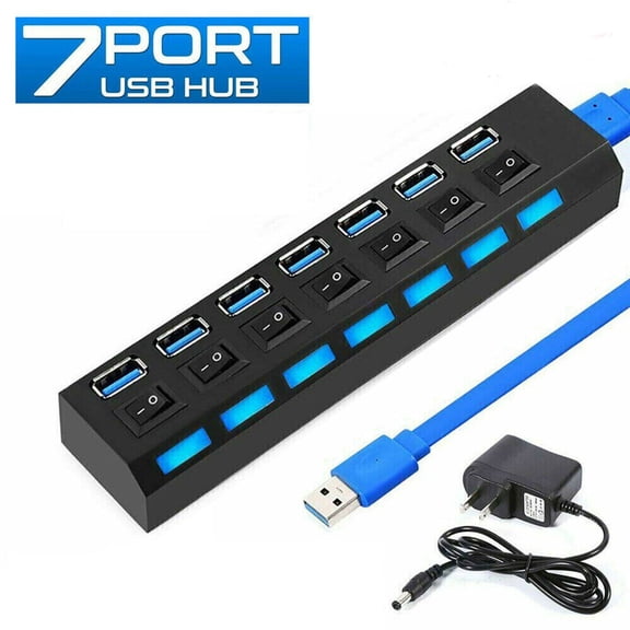 7-Port Powered USB 3.0 Hub USB Splitter with 7 USB 3.0 Data Ports, On/Off Power Switches, AC Adapter, for PC, Laptops